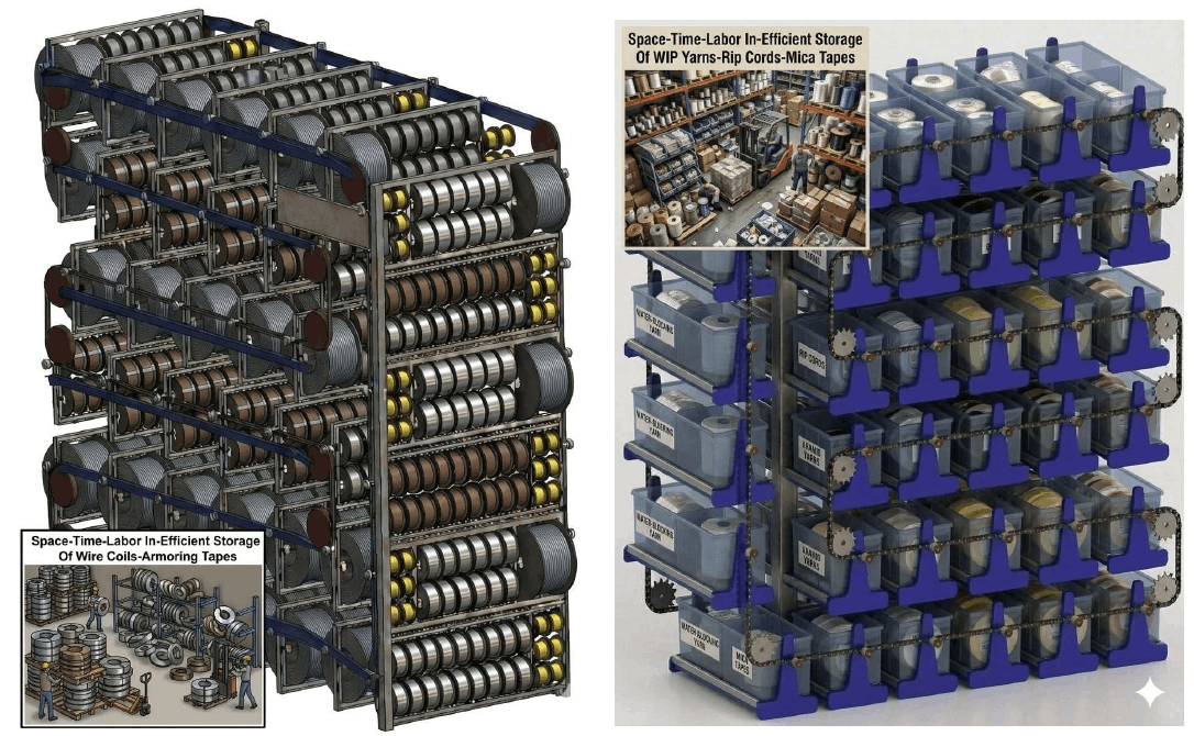 Vertical Carousels For Space-Time-Labor-Damage Efficient Vertical Storage Of Wire Coils-Adhesive Tapes, WIP Yarns-Rip Cords, Mica Tapes In Insulated Power-Telecom-Optic Fiber Cables-Wires Manufacturing Plants